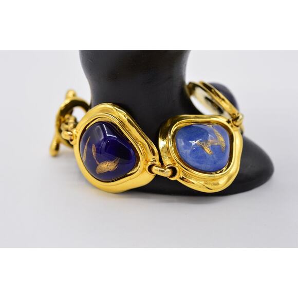 Edouard Rambaud Vintage Cabochon Bracelet Gold Blue Painted Gripoix Chunky BinY